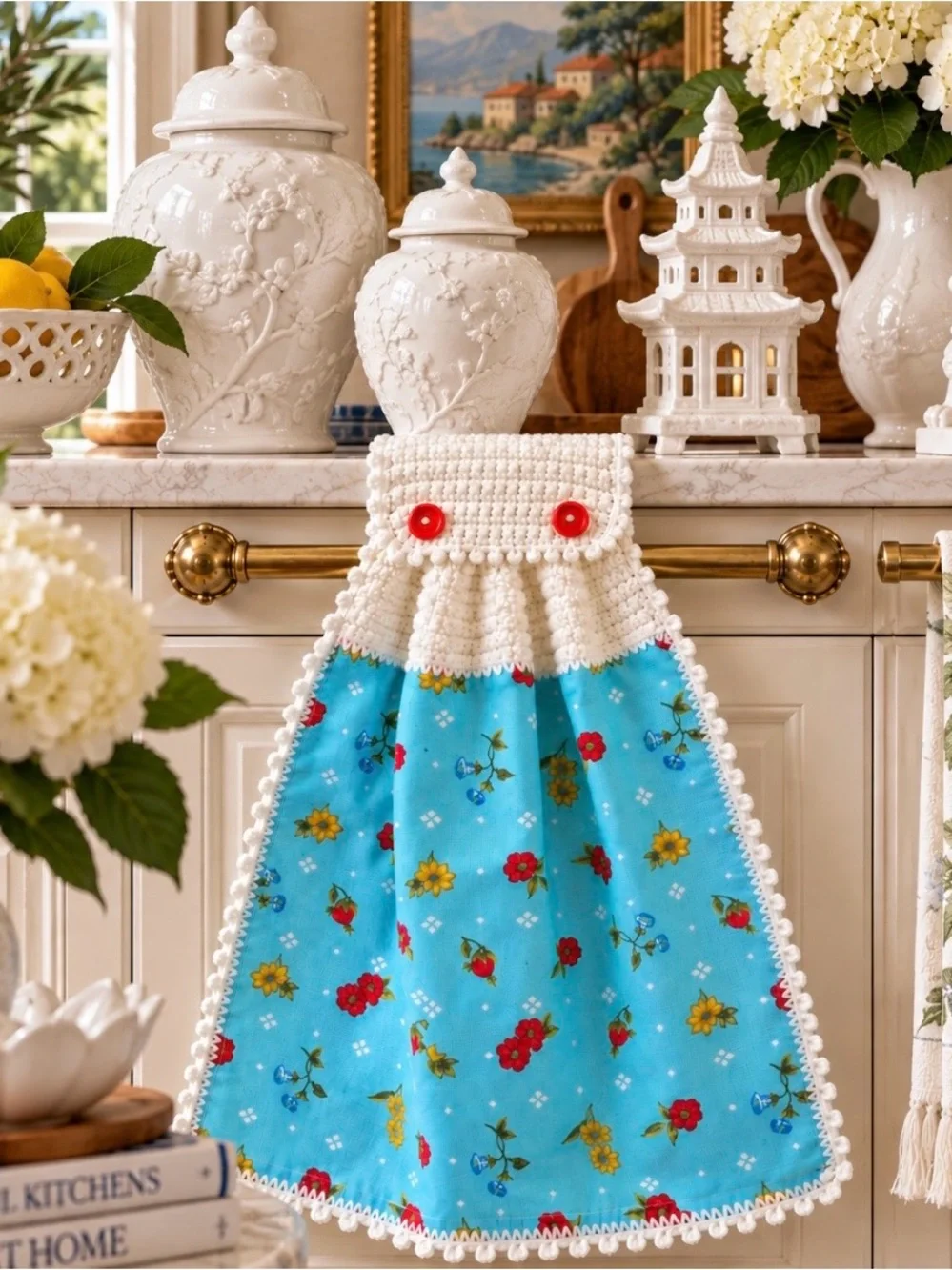 Pioneer Woman Tiffany Blue Floral Crochet Hanging Kitchen Towel